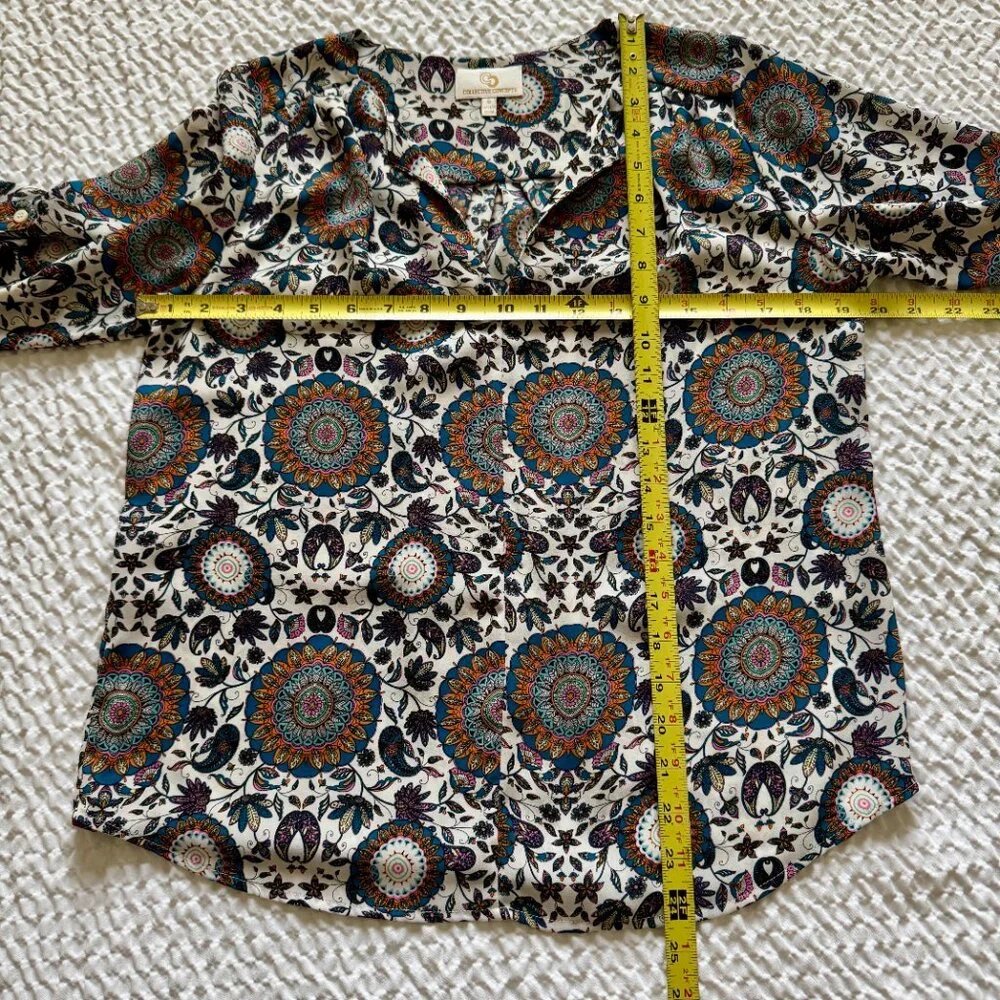 Paisley Print Split V-Neck, 3/4 Sleeve Blouse, Multicolor, Size Small - Picture 8 of 8